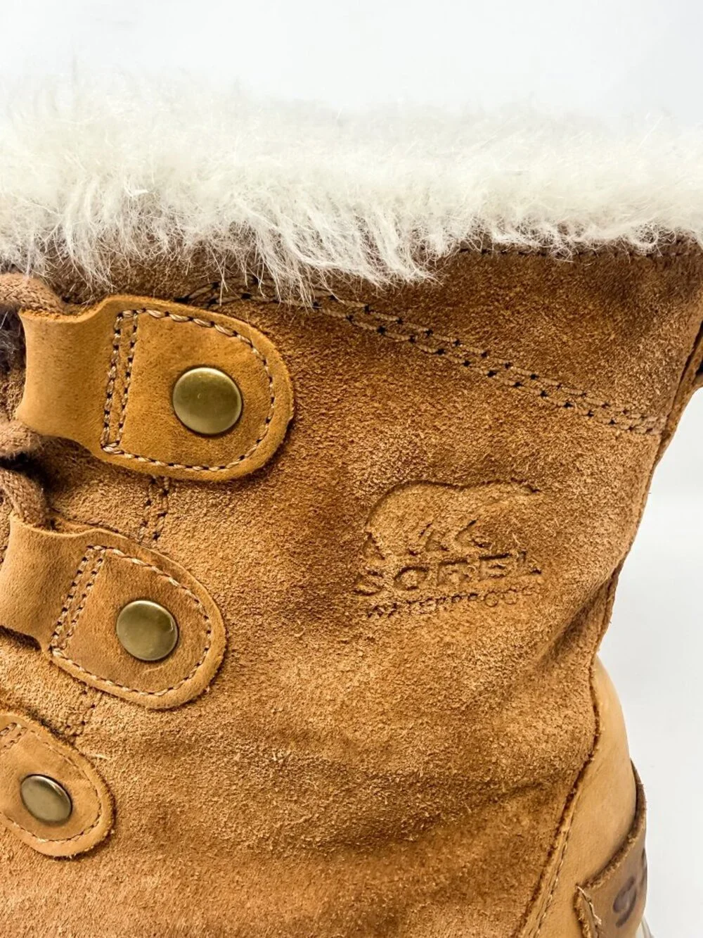 Sorel Explorer Joan Ankle Boots Women's 7.5 Tan Suede Lace Up Fur Trim NL3039